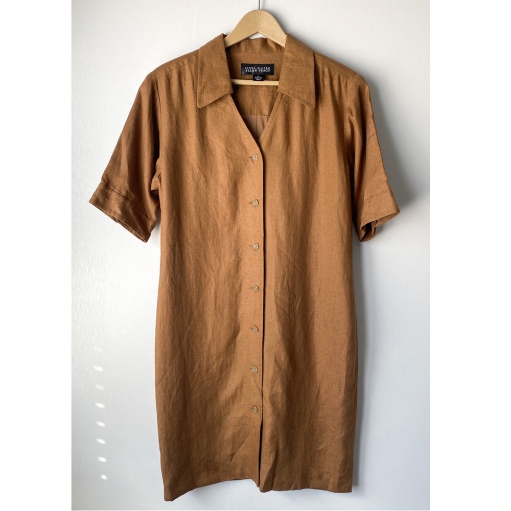 Vintage Linen Short Sleeve Collared Button Dress Brown 8